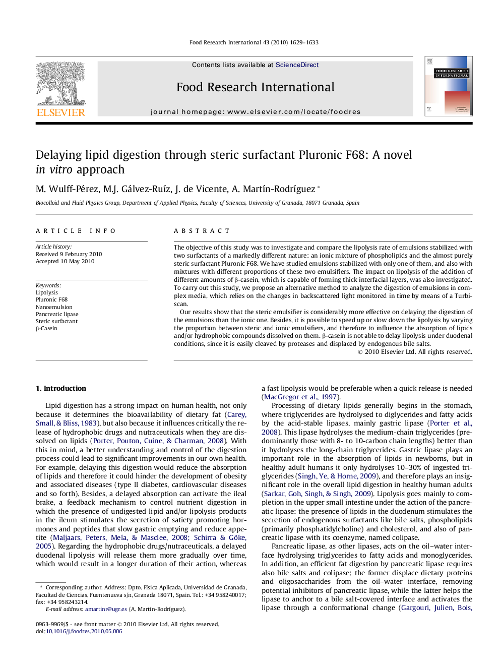 عکس صفحه اول مقاله: Delaying lipid digestion through steric surfactant Pluronic F68: A novel in vitro approach Delaying lipid digestion through steric surfactant Pluronic F68: A novel in vitro approach