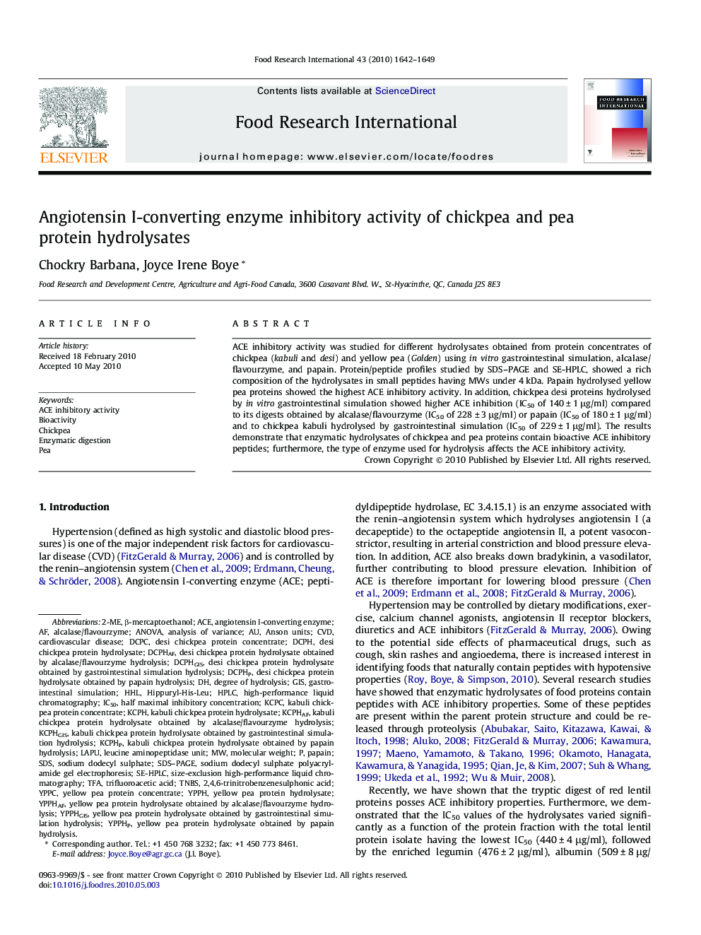 Angiotensin I-converting enzyme inhibitory activity of chickpea and pea protein hydrolysates