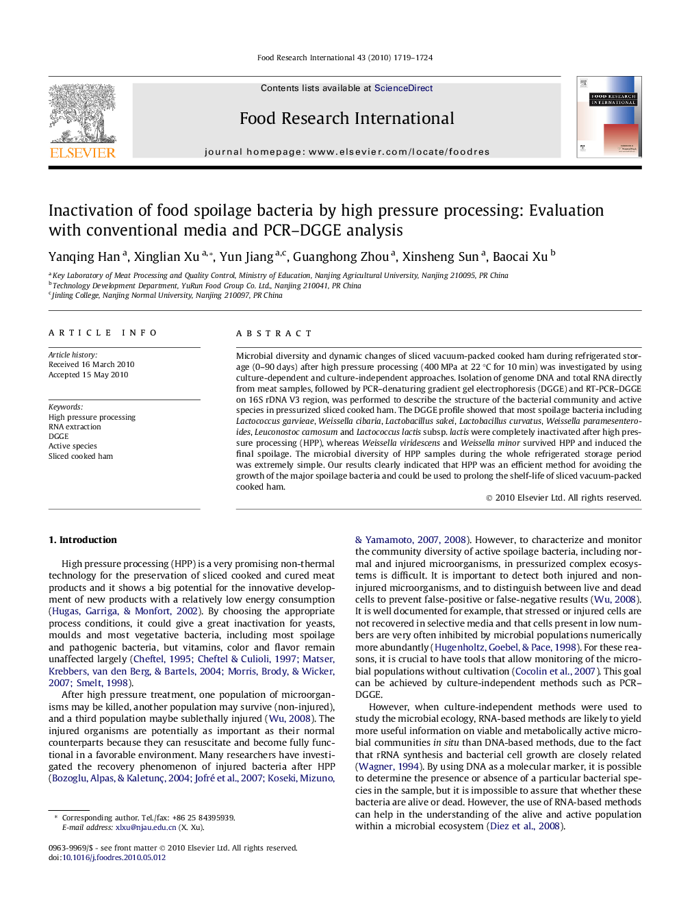 Inactivation of food spoilage bacteria by high pressure processing: Evaluation with conventional media and PCR-DGGE analysis