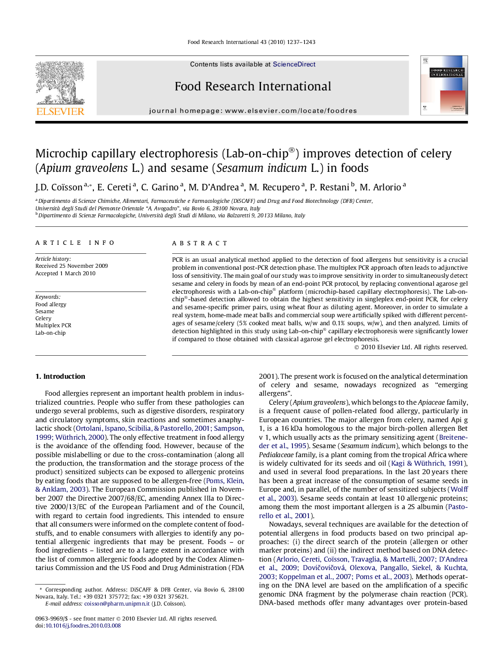 Microchip capillary electrophoresis (Lab-on-chip®) improves detection of celery (Apium graveolens L.) and sesame (Sesamum indicum L.) in foods