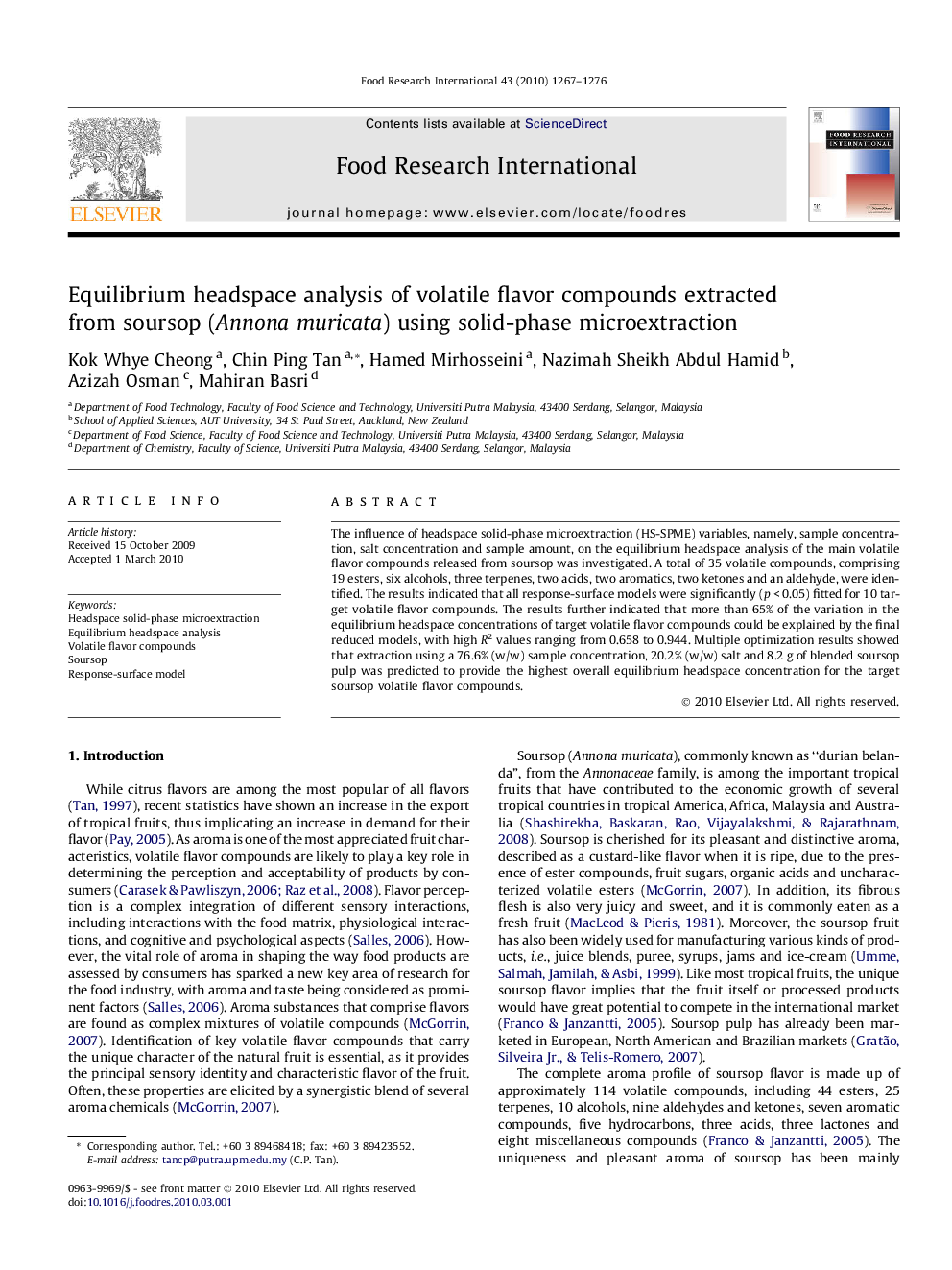 Equilibrium headspace analysis of volatile flavor compounds extracted from soursop (Annona muricata) using solid-phase microextraction