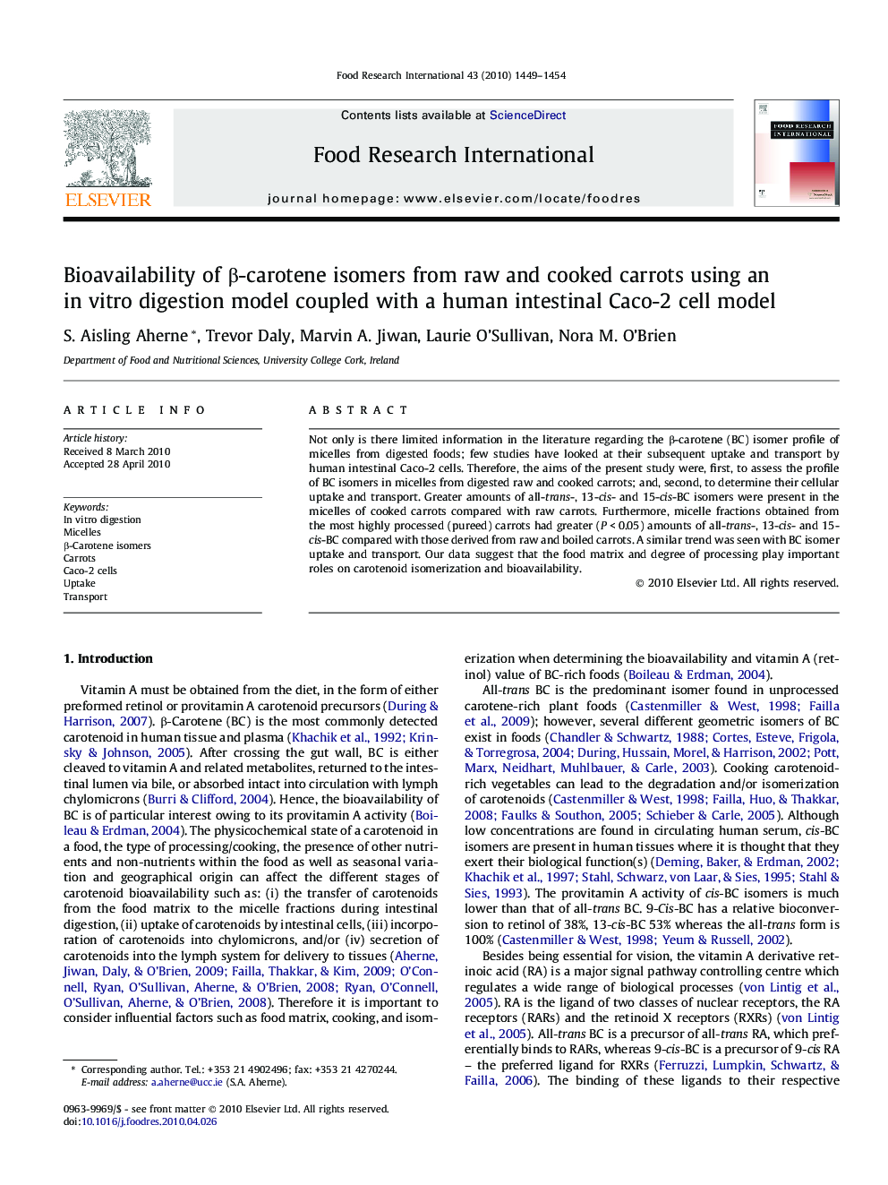 عکس صفحه اول مقاله: Bioavailability of β-carotene isomers from raw and cooked carrots using an in vitro digestion model coupled with a human intestinal Caco-2 cell model Bioavailability of β-carotene isomers from raw and cooked carrots using an in vitro digestion model coupled with a human intestinal Caco-2 cell model