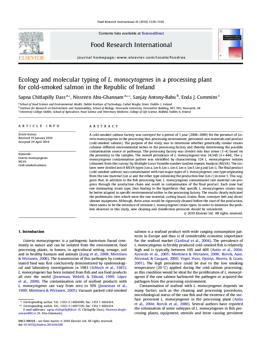 Ecology and molecular typing of L. monocytogenes in a processing plant for cold-smoked salmon in the Republic of Ireland