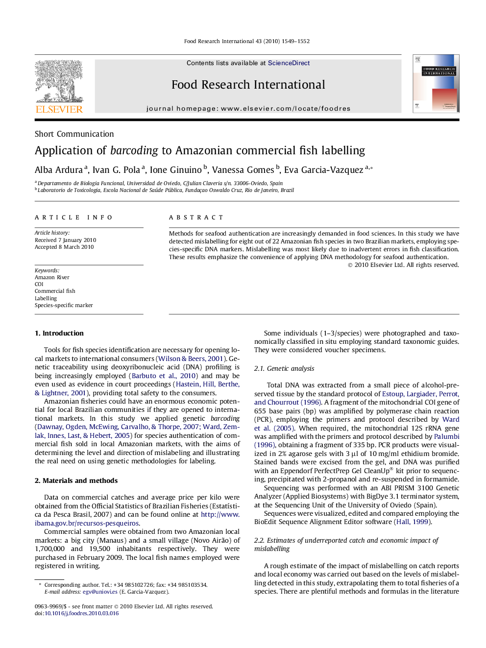 Application of barcoding to Amazonian commercial fish labelling