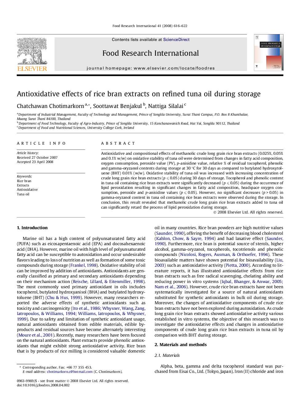 Antioxidative effects of rice bran extracts on refined tuna oil during storage