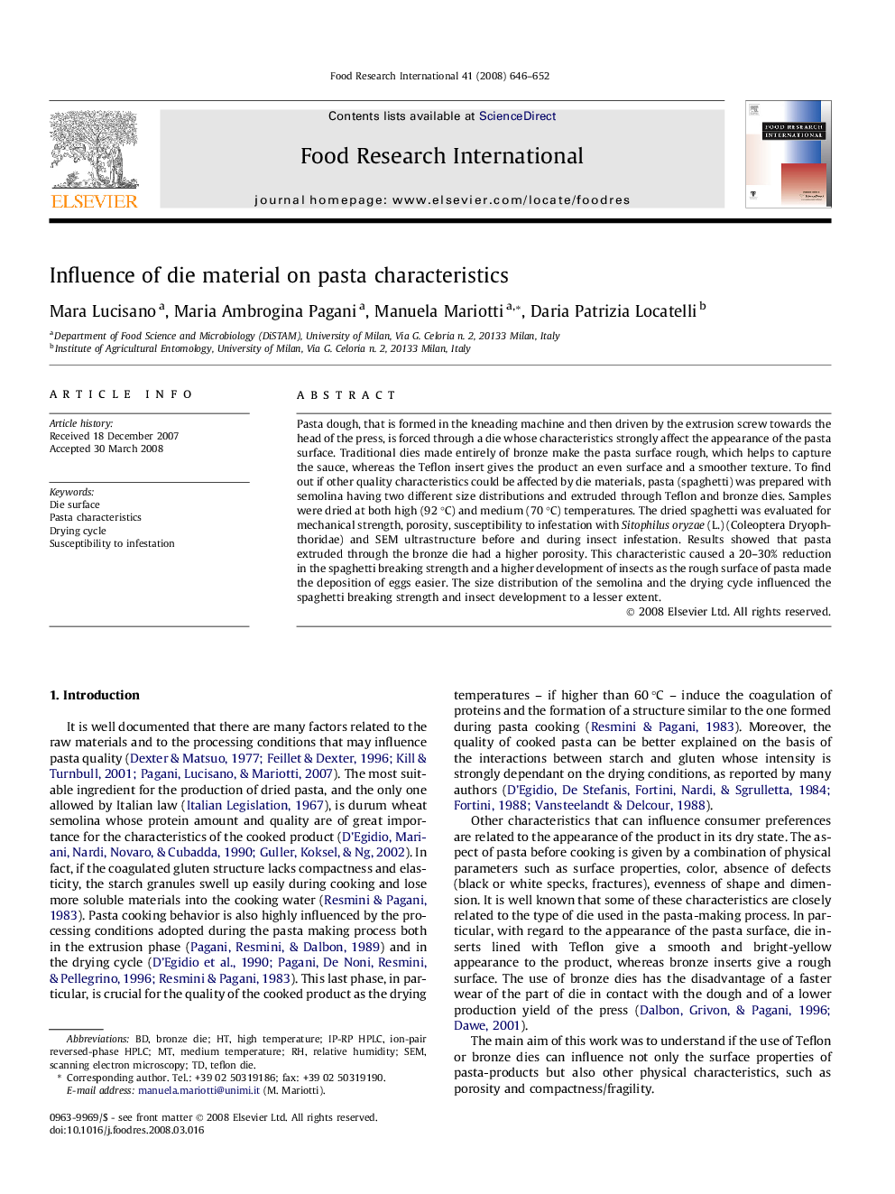 Influence of die material on pasta characteristics