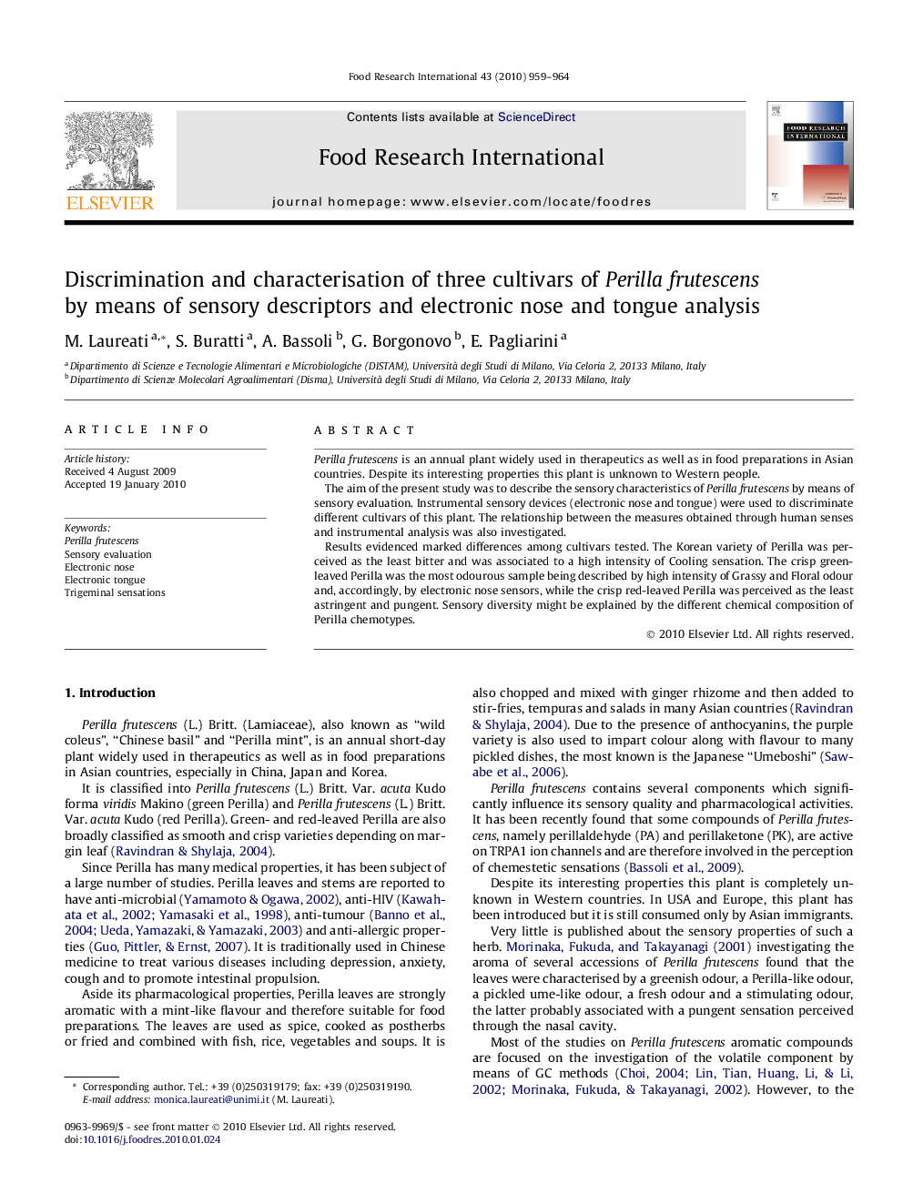 Discrimination and characterisation of three cultivars of Perilla frutescens by means of sensory descriptors and electronic nose and tongue analysis