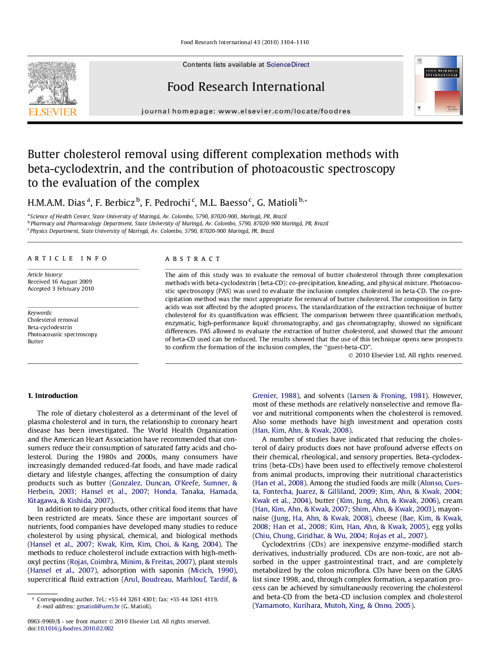 Butter cholesterol removal using different complexation methods with beta-cyclodextrin, and the contribution of photoacoustic spectroscopy to the evaluation of the complex