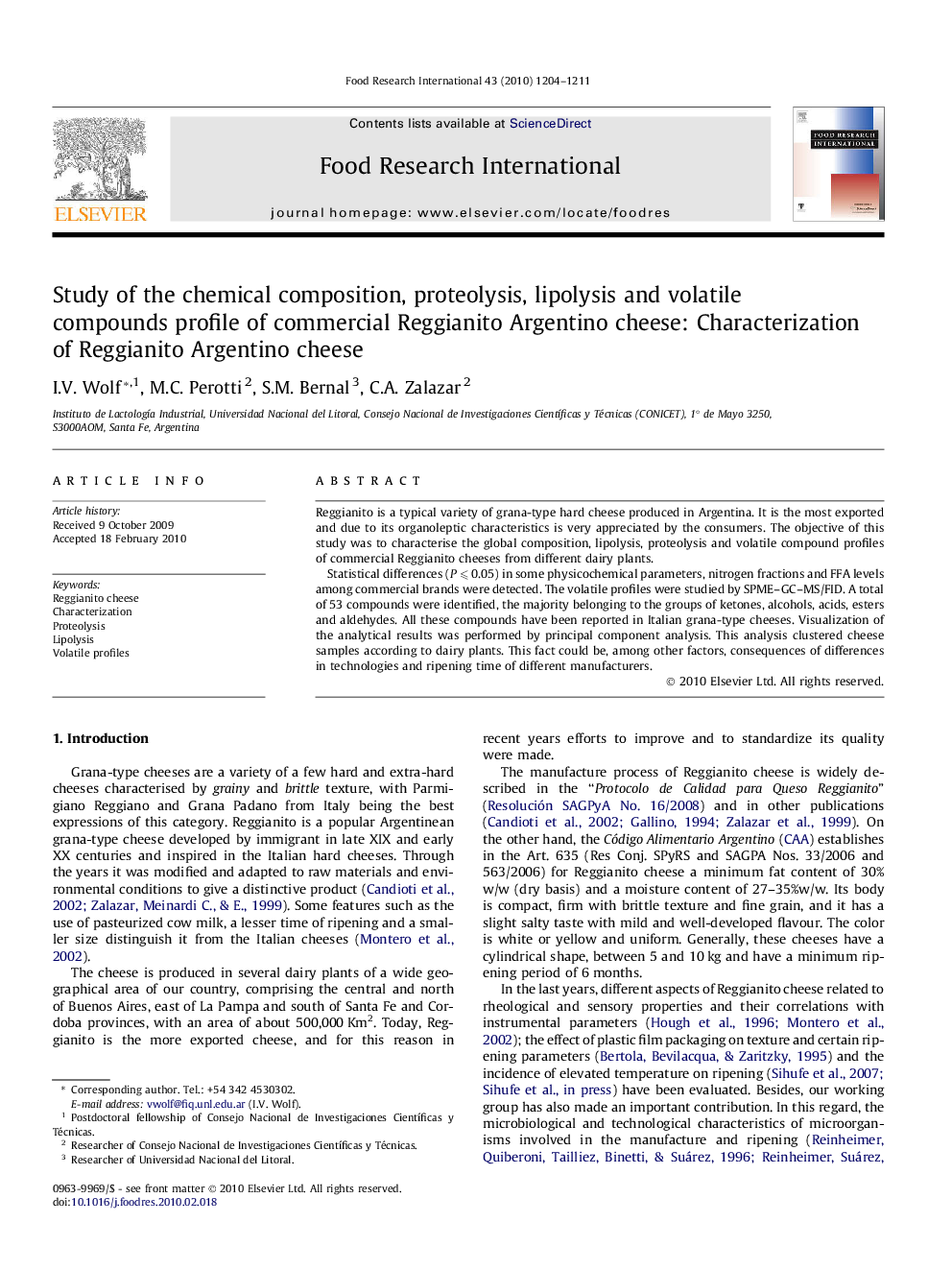 Study of the chemical composition, proteolysis, lipolysis and volatile compounds profile of commercial Reggianito Argentino cheese: Characterization of Reggianito Argentino cheese