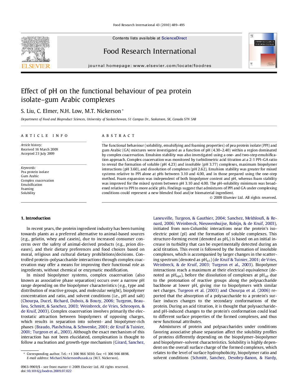 عکس صفحه اول مقاله: Effect of pH on the functional behaviour of pea protein isolate–gum Arabic complexes Effect of pH on the functional behaviour of pea protein isolate–gum Arabic complexes