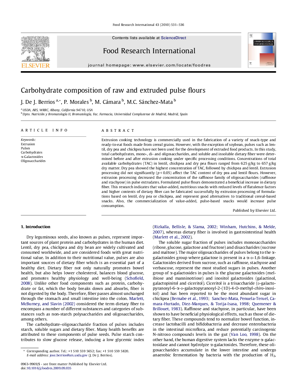 Carbohydrate composition of raw and extruded pulse flours