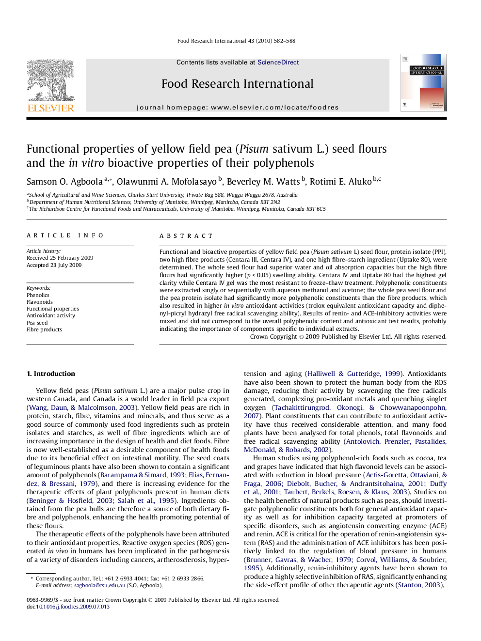 Functional properties of yellow field pea (Pisum sativum L.) seed flours and the in vitro bioactive properties of their polyphenols