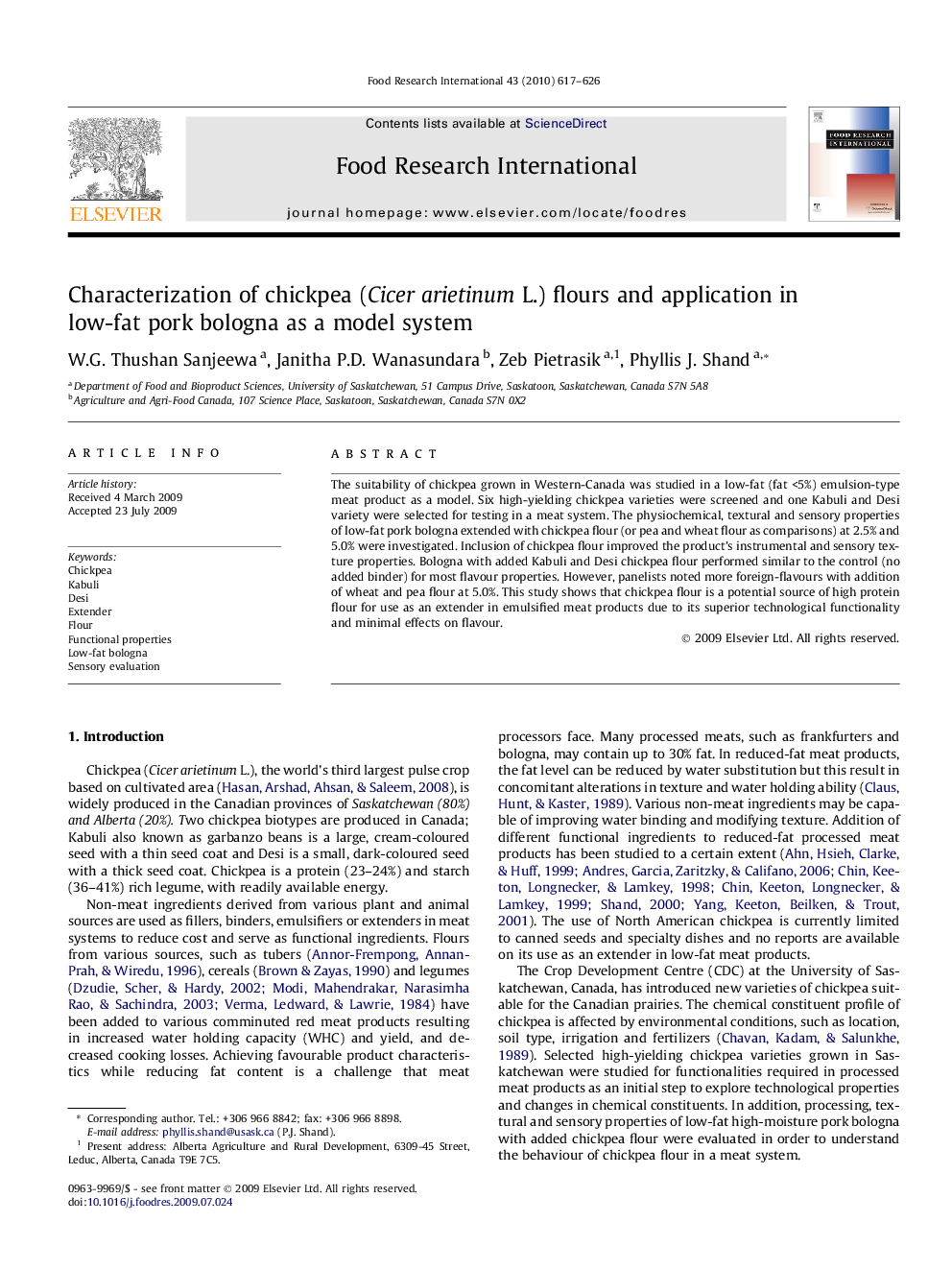 Characterization of chickpea (Cicer arietinum L.) flours and application in low-fat pork bologna as a model system