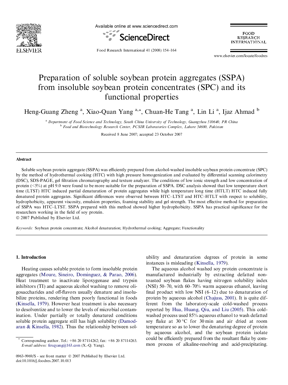 Preparation of soluble soybean protein aggregates (SSPA) from insoluble soybean protein concentrates (SPC) and its functional properties