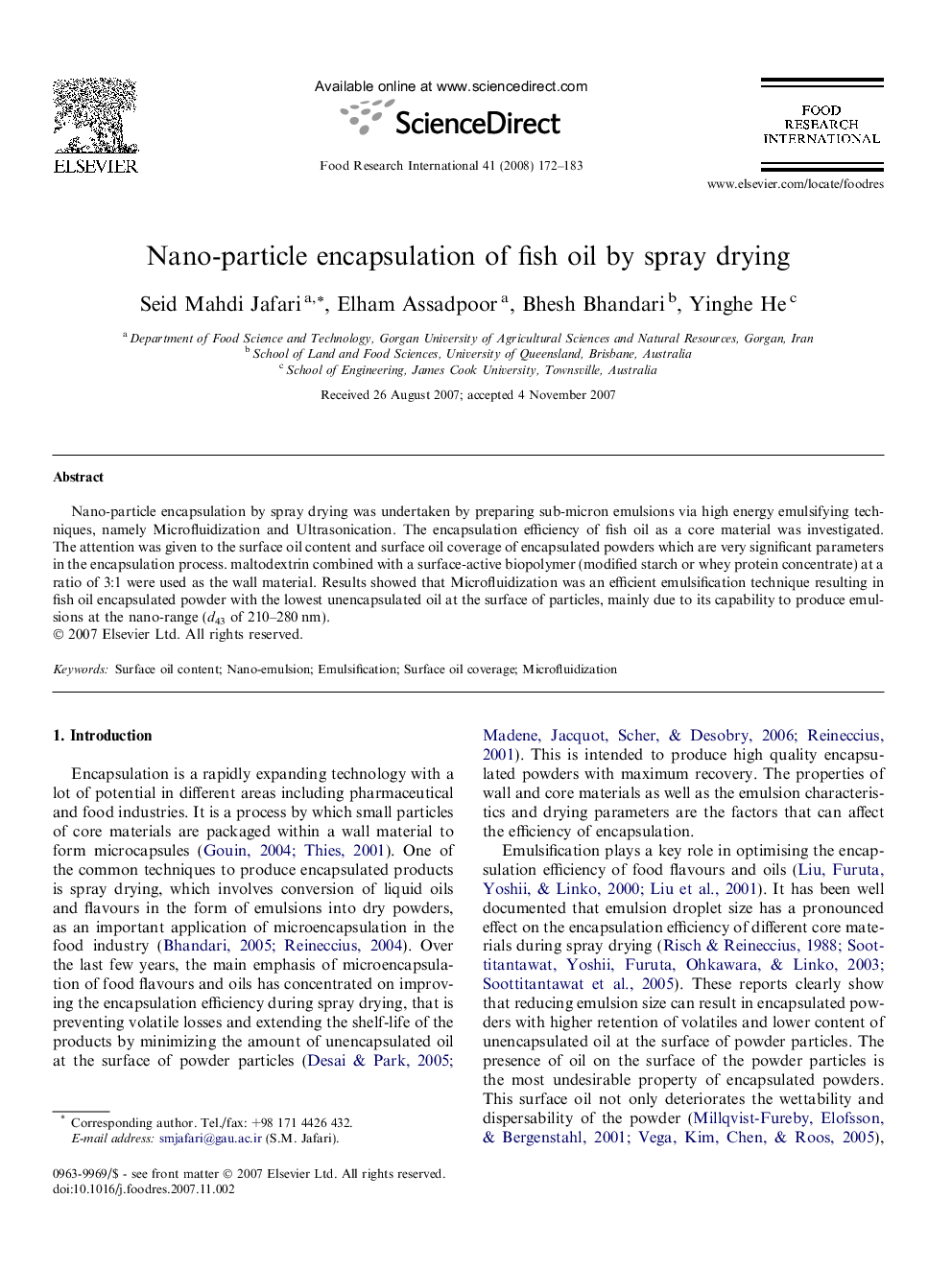 Nano-particle encapsulation of fish oil by spray drying