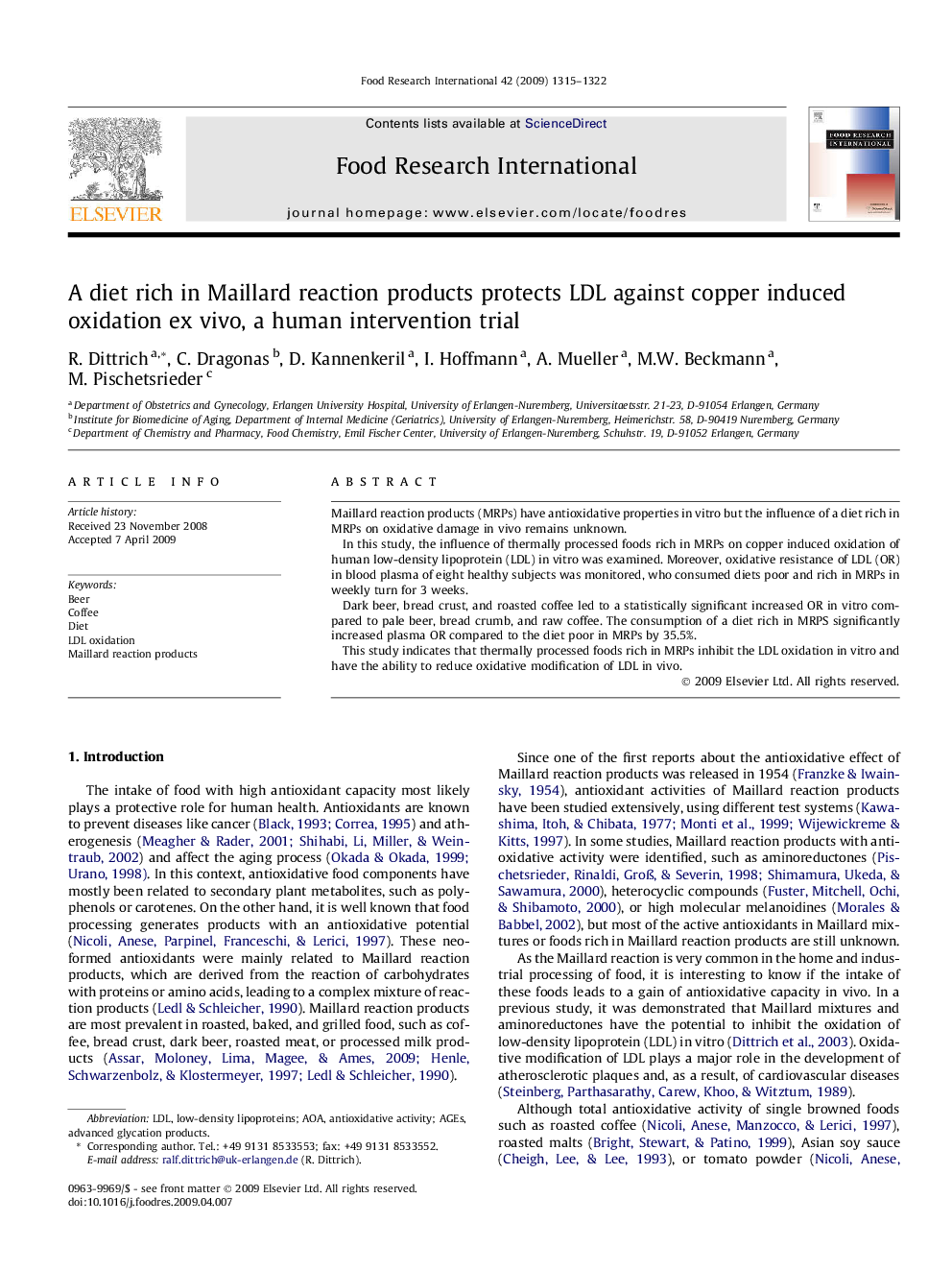 A diet rich in Maillard reaction products protects LDL against copper induced oxidation ex vivo, a human intervention trial