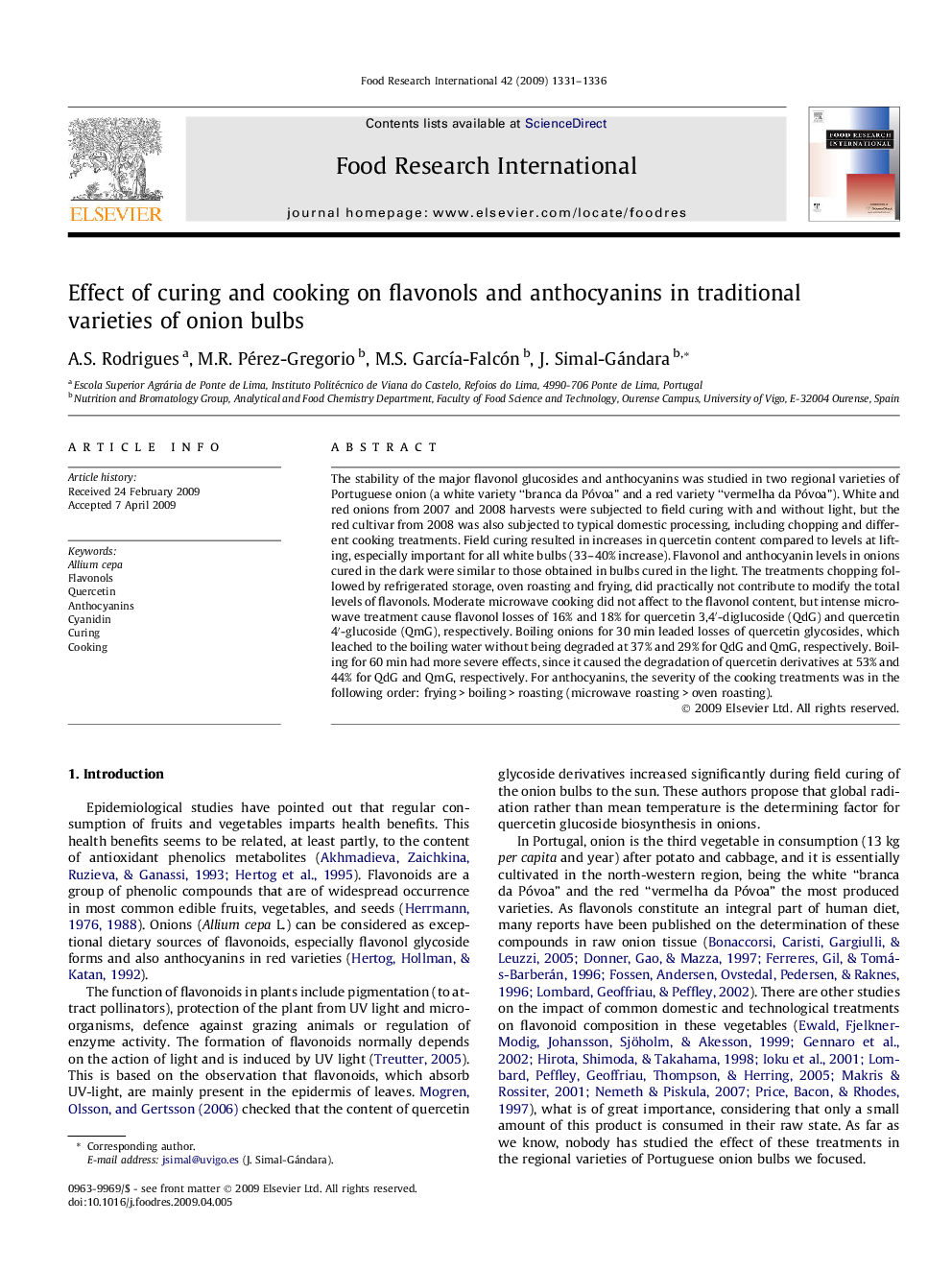 عکس صفحه اول مقاله: Effect of curing and cooking on flavonols and anthocyanins in traditional varieties of onion bulbs Effect of curing and cooking on flavonols and anthocyanins in traditional varieties of onion bulbs