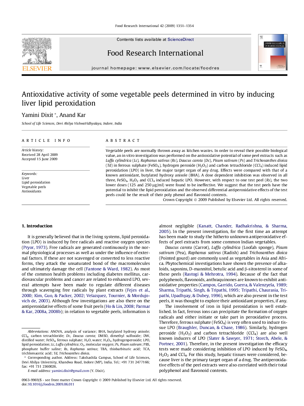 Antioxidative activity of some vegetable peels determined in vitro by inducing liver lipid peroxidation