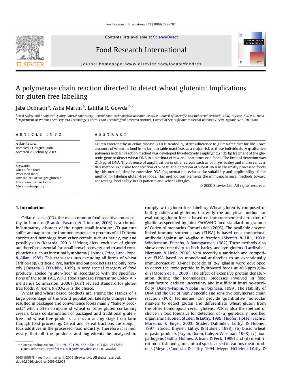 A polymerase chain reaction directed to detect wheat glutenin: Implications for gluten-free labelling