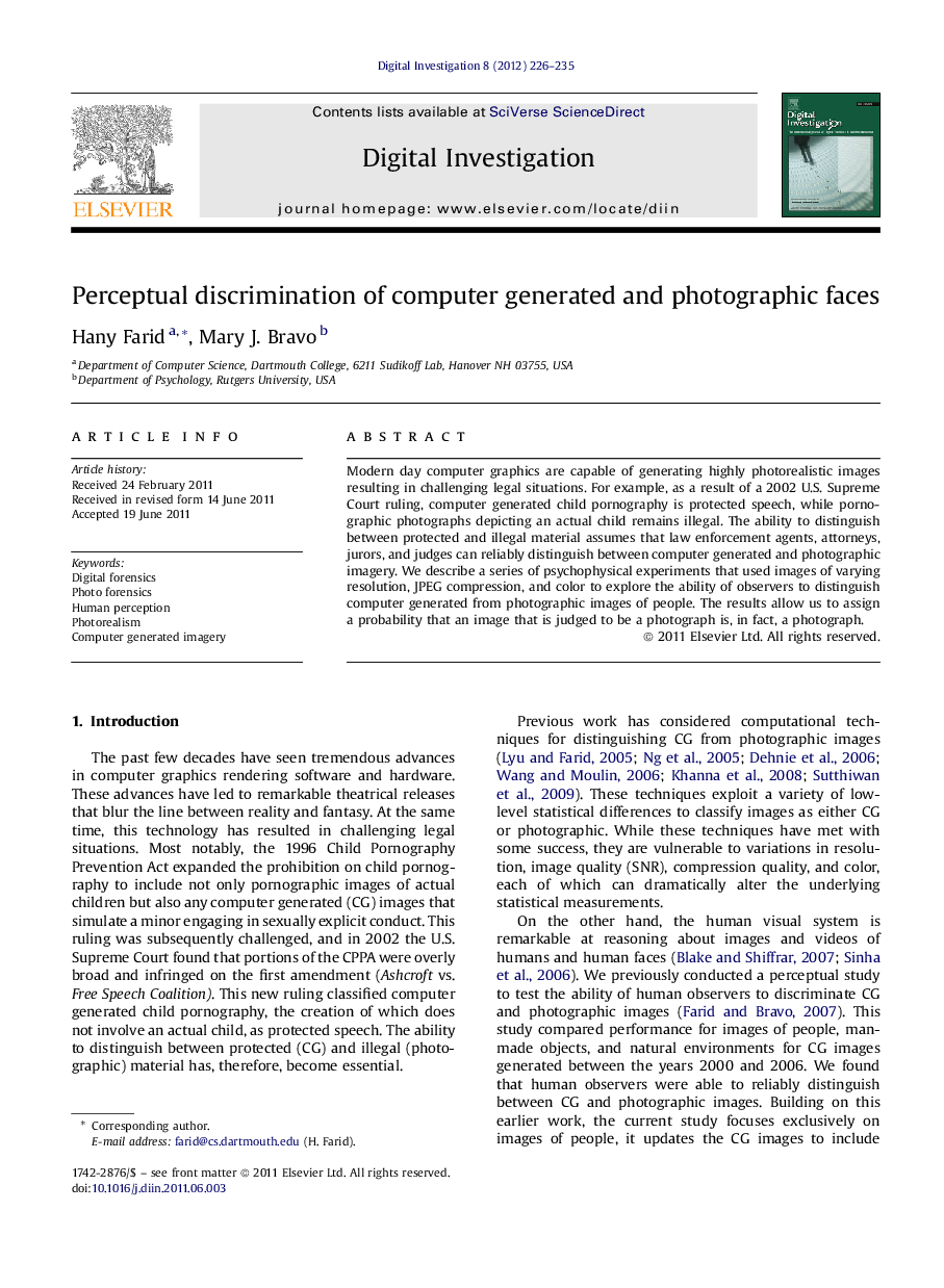 Perceptual discrimination of computer generated and photographic faces