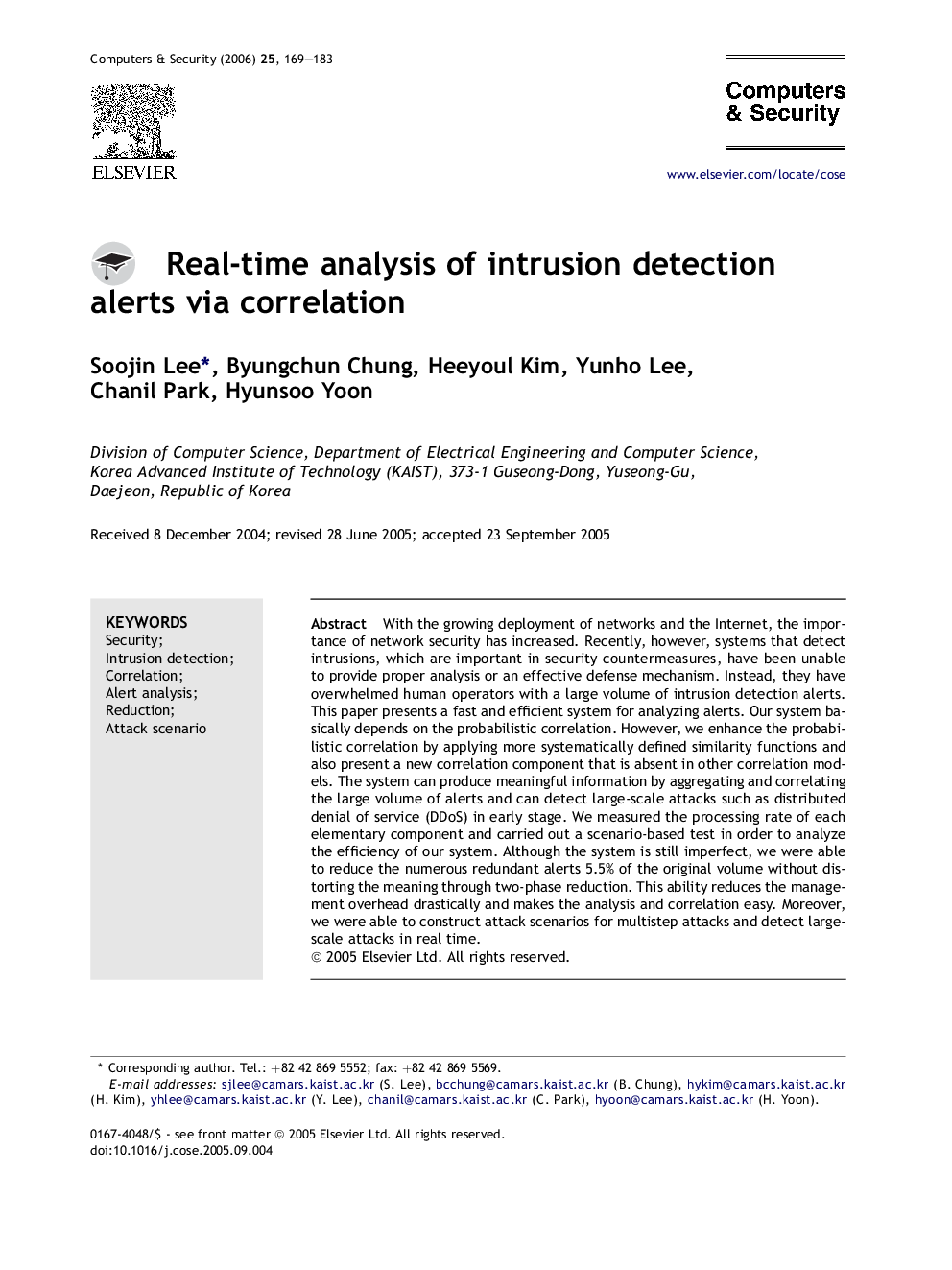 Real-time analysis of intrusion detection alerts via correlation