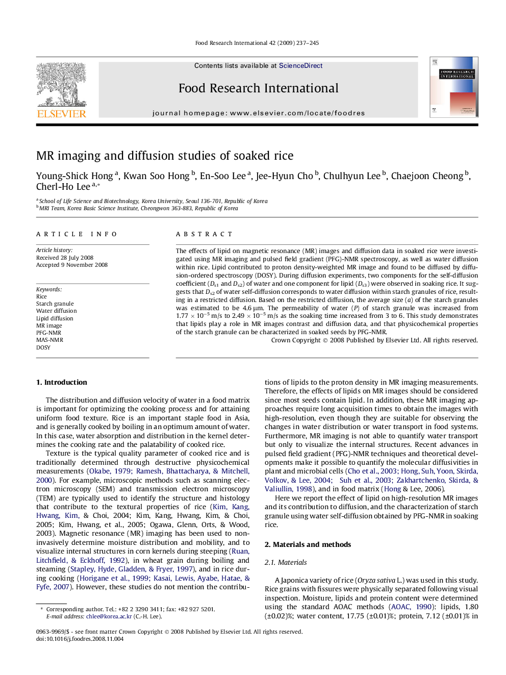 MR imaging and diffusion studies of soaked rice