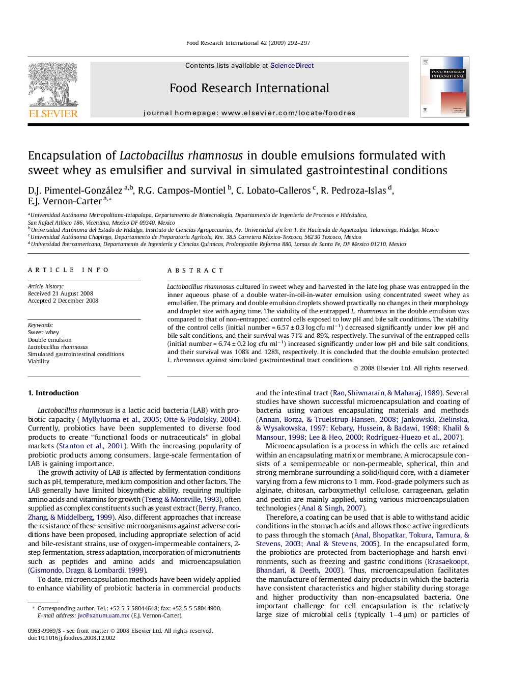 Encapsulation of Lactobacillus rhamnosus in double emulsions formulated with sweet whey as emulsifier and survival in simulated gastrointestinal conditions