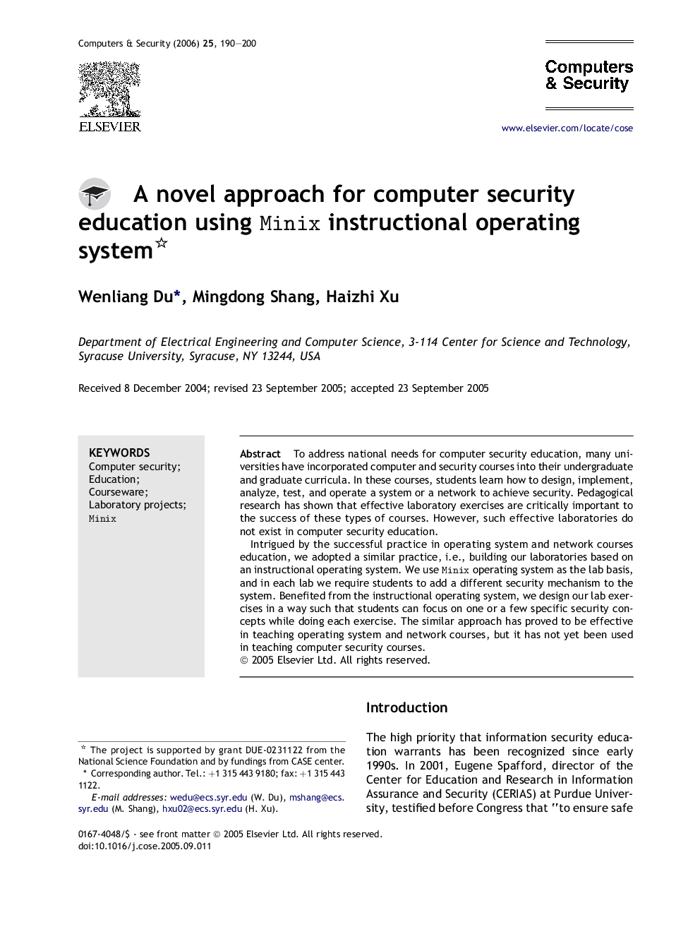 A novel approach for computer security education using Minix instructional operating system 