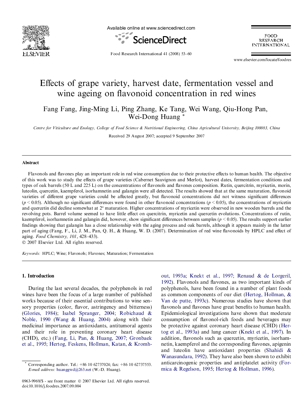 Effects of grape variety, harvest date, fermentation vessel and wine ageing on flavonoid concentration in red wines