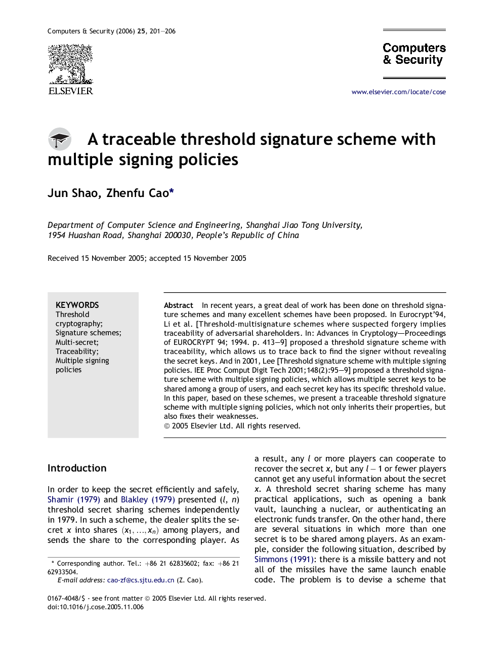 A traceable threshold signature scheme with multiple signing policies