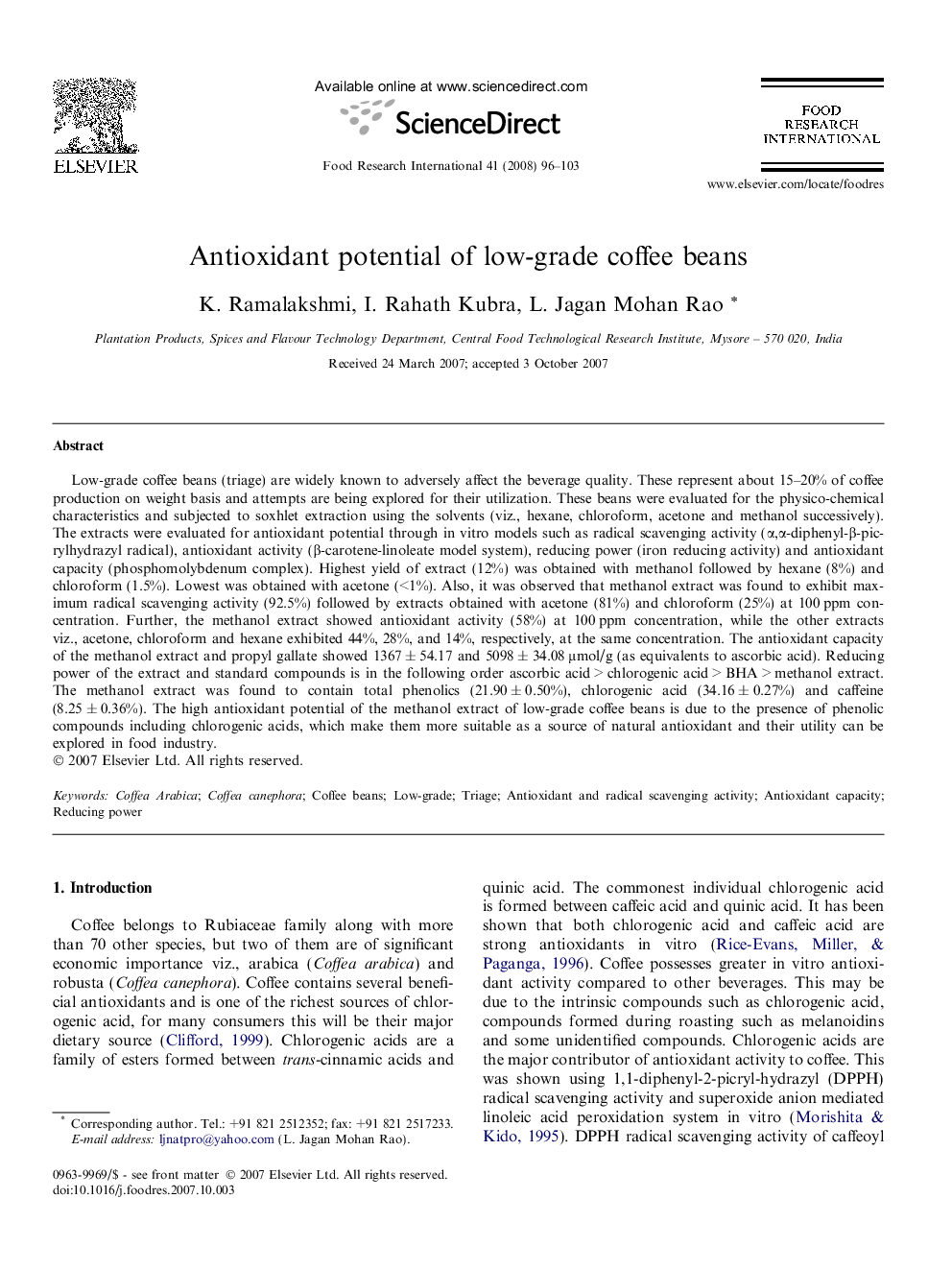 Antioxidant potential of low-grade coffee beans