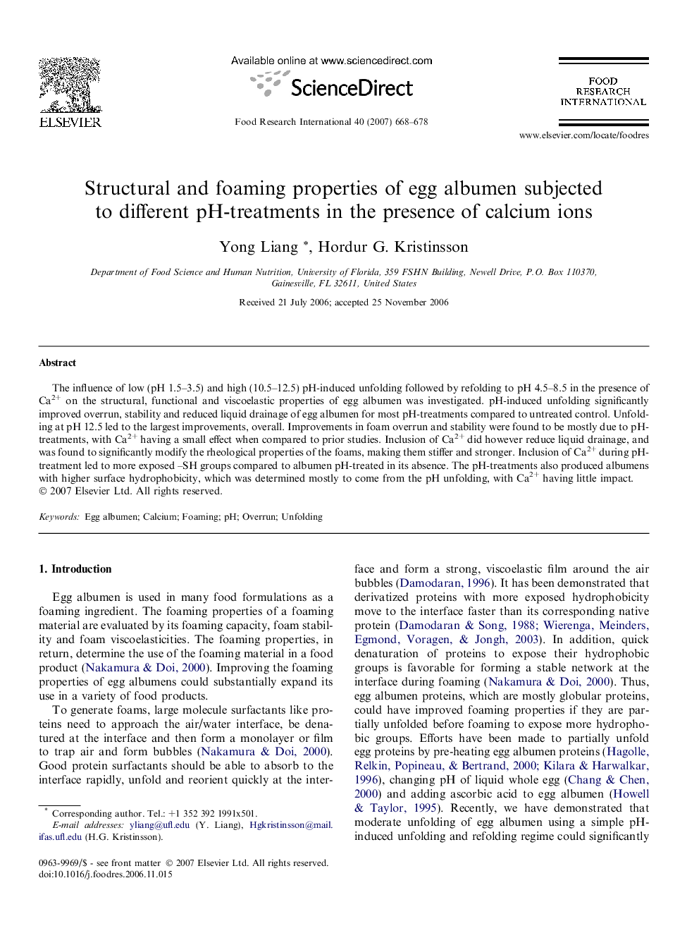 Structural and foaming properties of egg albumen subjected to different pH-treatments in the presence of calcium ions