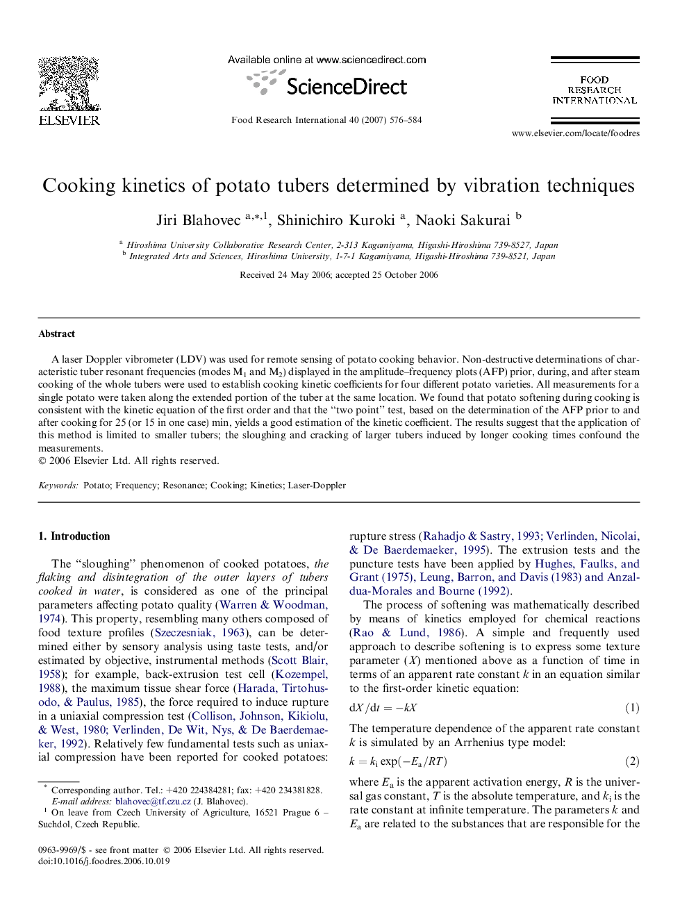 Cooking kinetics of potato tubers determined by vibration techniques