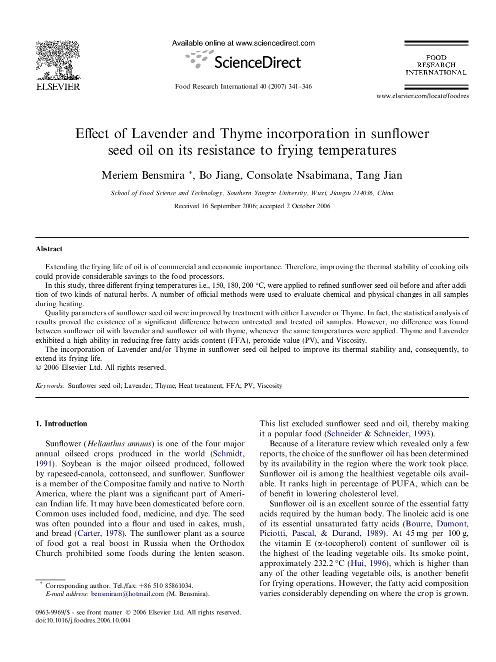 Effect of Lavender and Thyme incorporation in sunflower seed oil on its resistance to frying temperatures