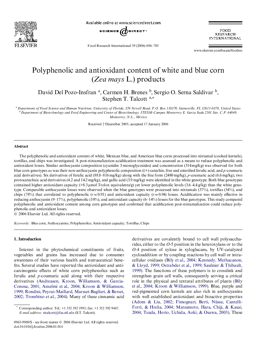 عکس صفحه اول مقاله: Polyphenolic and antioxidant content of white and blue corn (Zea mays L.) products Polyphenolic and antioxidant content of white and blue corn (Zea mays L.) products