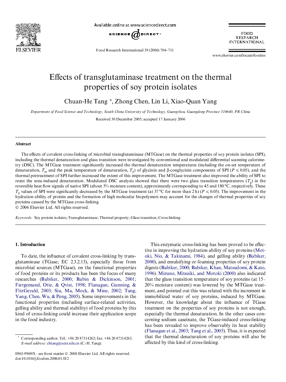 Effects of transglutaminase treatment on the thermal properties of soy protein isolates