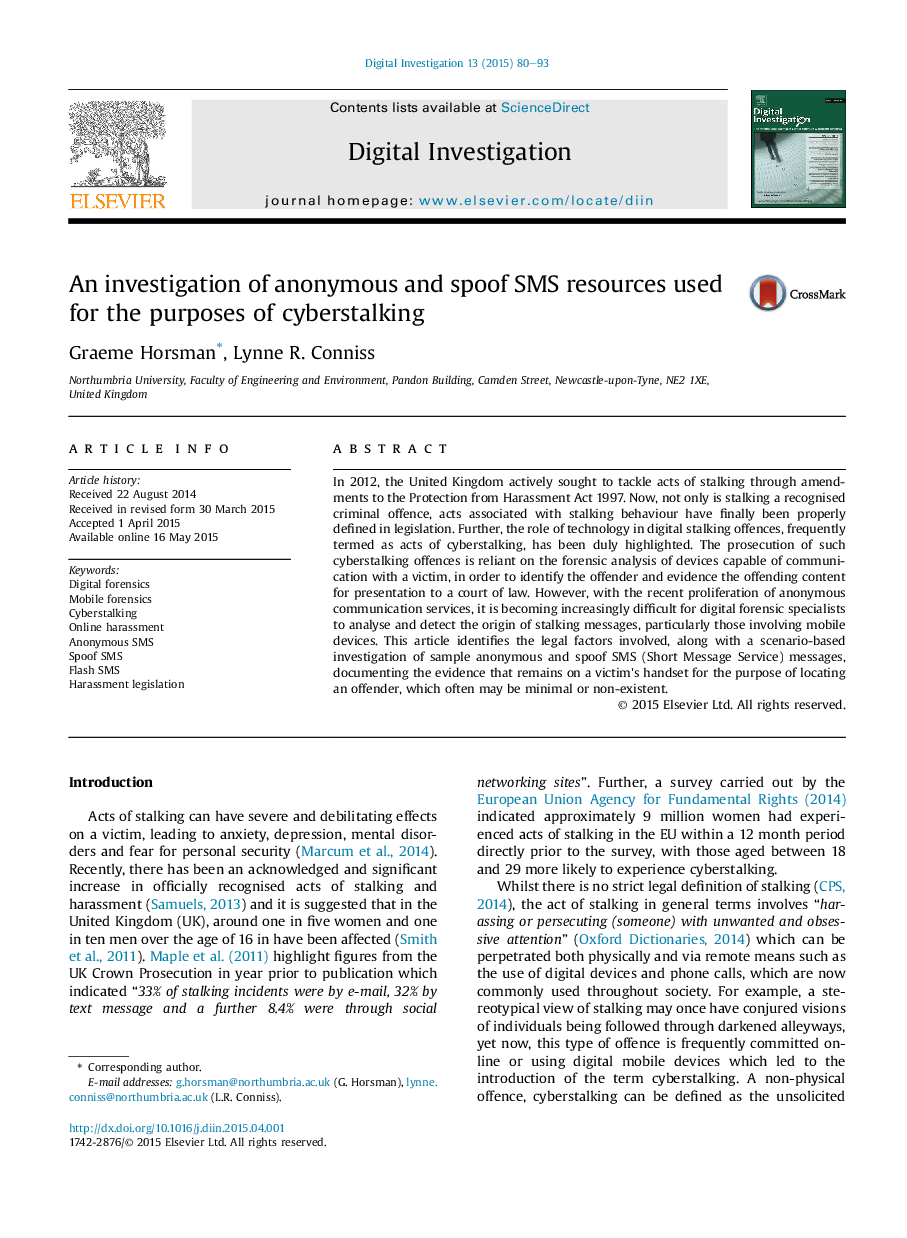 An investigation of anonymous and spoof SMS resources used for the purposes of cyberstalking