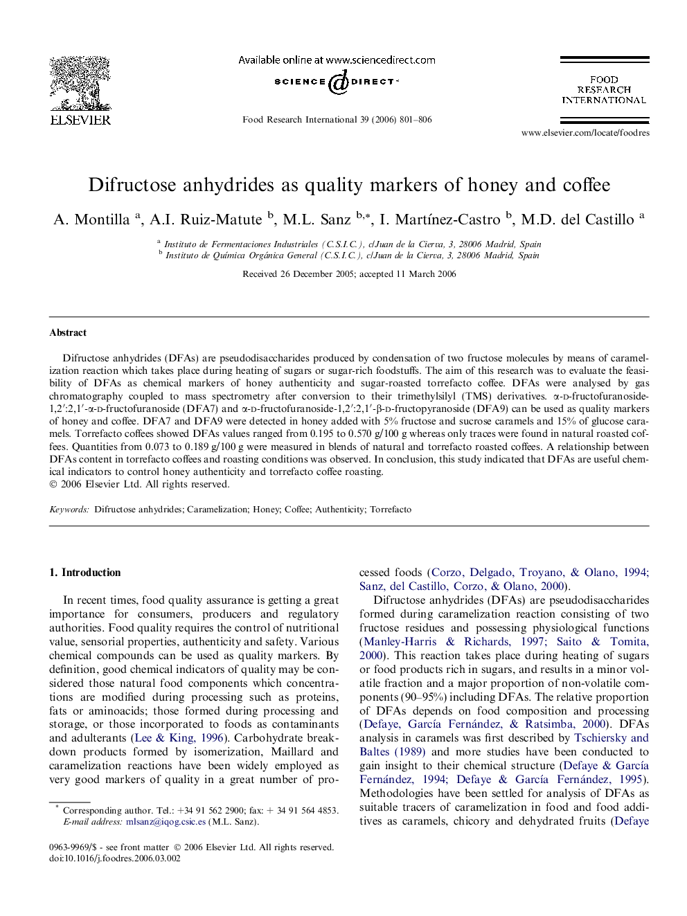 Difructose anhydrides as quality markers of honey and coffee