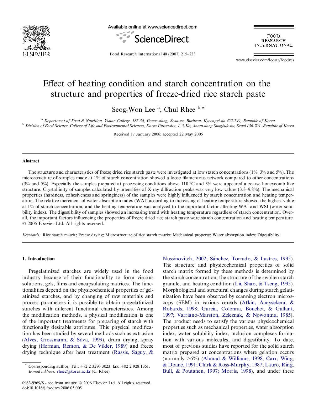 Effect of heating condition and starch concentration on the structure and properties of freeze-dried rice starch paste