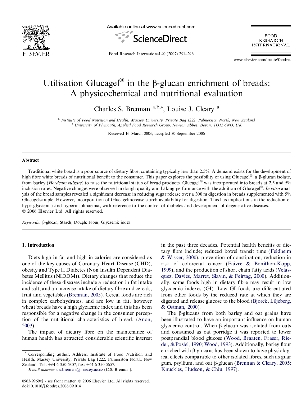 Utilisation Glucagel® in the β-glucan enrichment of breads: A physicochemical and nutritional evaluation