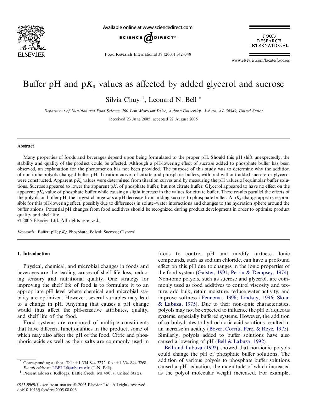 Buffer pH and pKa values as affected by added glycerol and sucrose