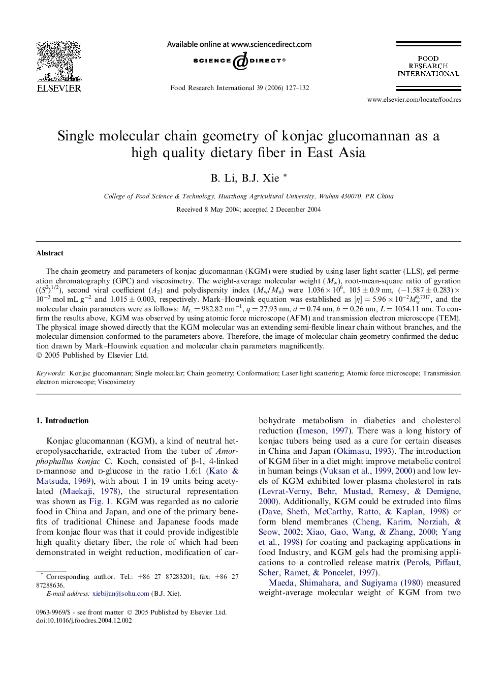 Single molecular chain geometry of konjac glucomannan as a high quality dietary fiber in East Asia