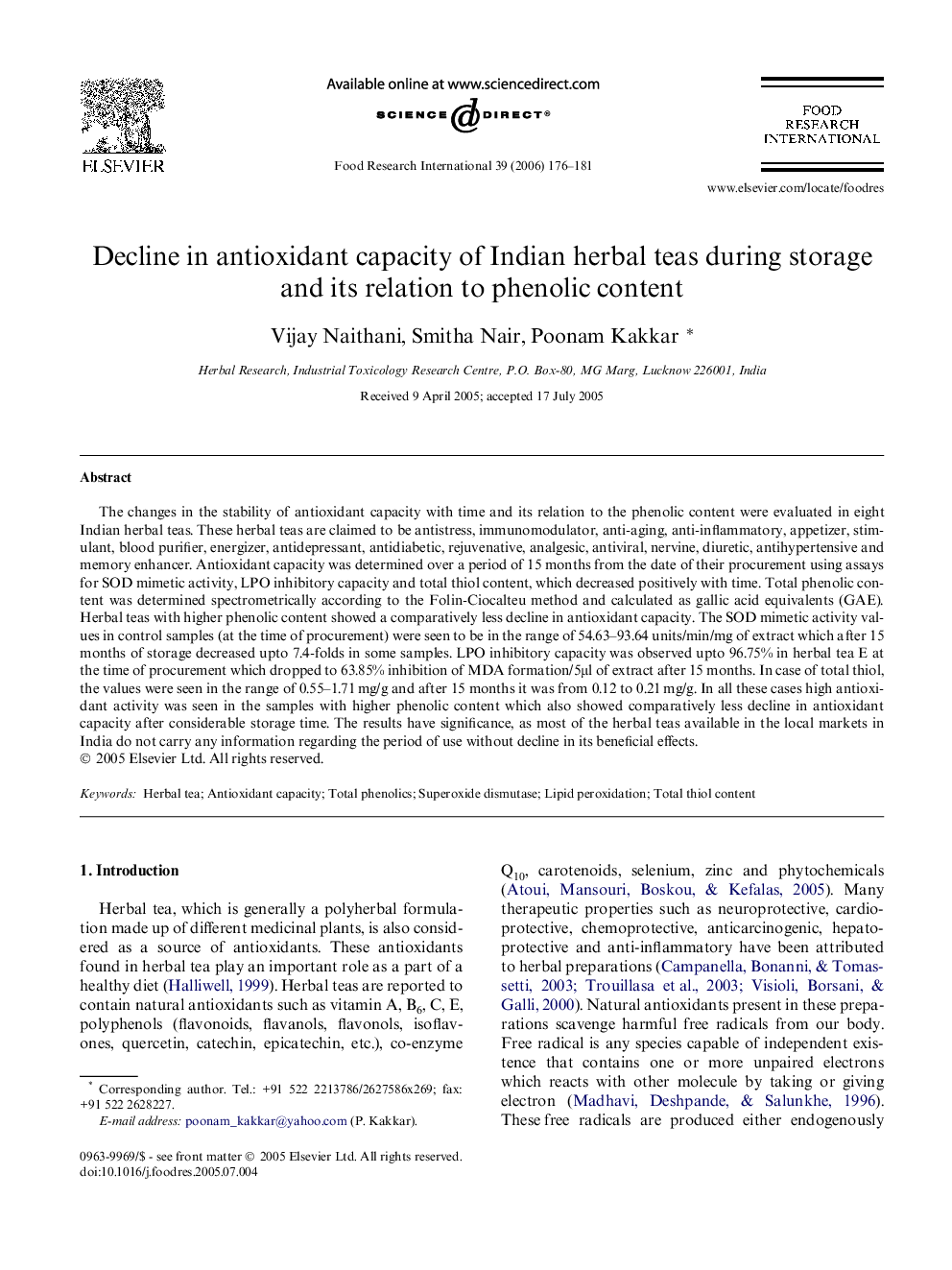 عکس صفحه اول مقاله: Decline in antioxidant capacity of Indian herbal teas during storage and its relation to phenolic content Decline in antioxidant capacity of Indian herbal teas during storage and its relation to phenolic content
