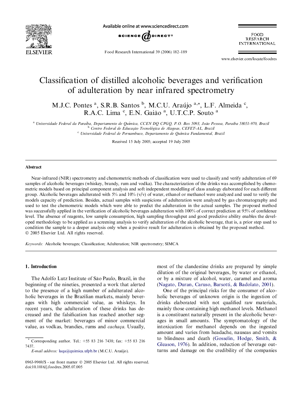 Classification of distilled alcoholic beverages and verification of adulteration by near infrared spectrometry