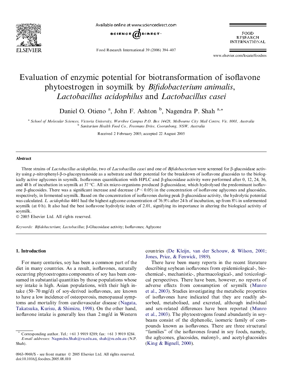 Evaluation of enzymic potential for biotransformation of isoflavone phytoestrogen in soymilk by Bifidobacterium animalis, Lactobacillus acidophilus and Lactobacillus casei