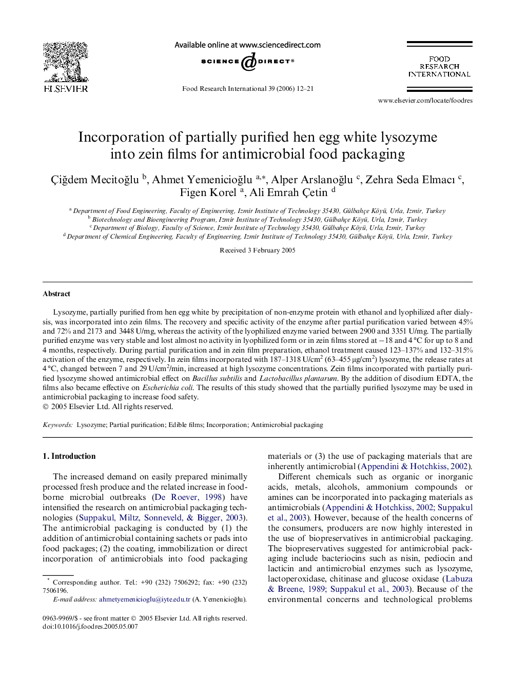 Incorporation of partially purified hen egg white lysozyme into zein films for antimicrobial food packaging