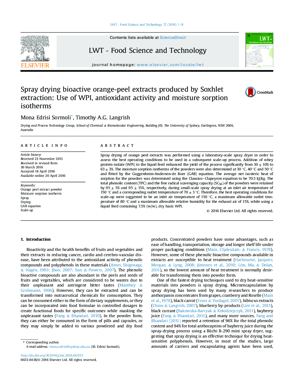 Spray drying bioactive orange-peel extracts produced by Soxhlet extraction: Use of WPI, antioxidant activity and moisture sorption isotherms