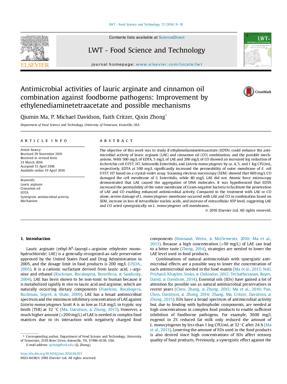 Antimicrobial activities of lauric arginate and cinnamon oil combination against foodborne pathogens: Improvement by ethylenediaminetetraacetate and possible mechanisms