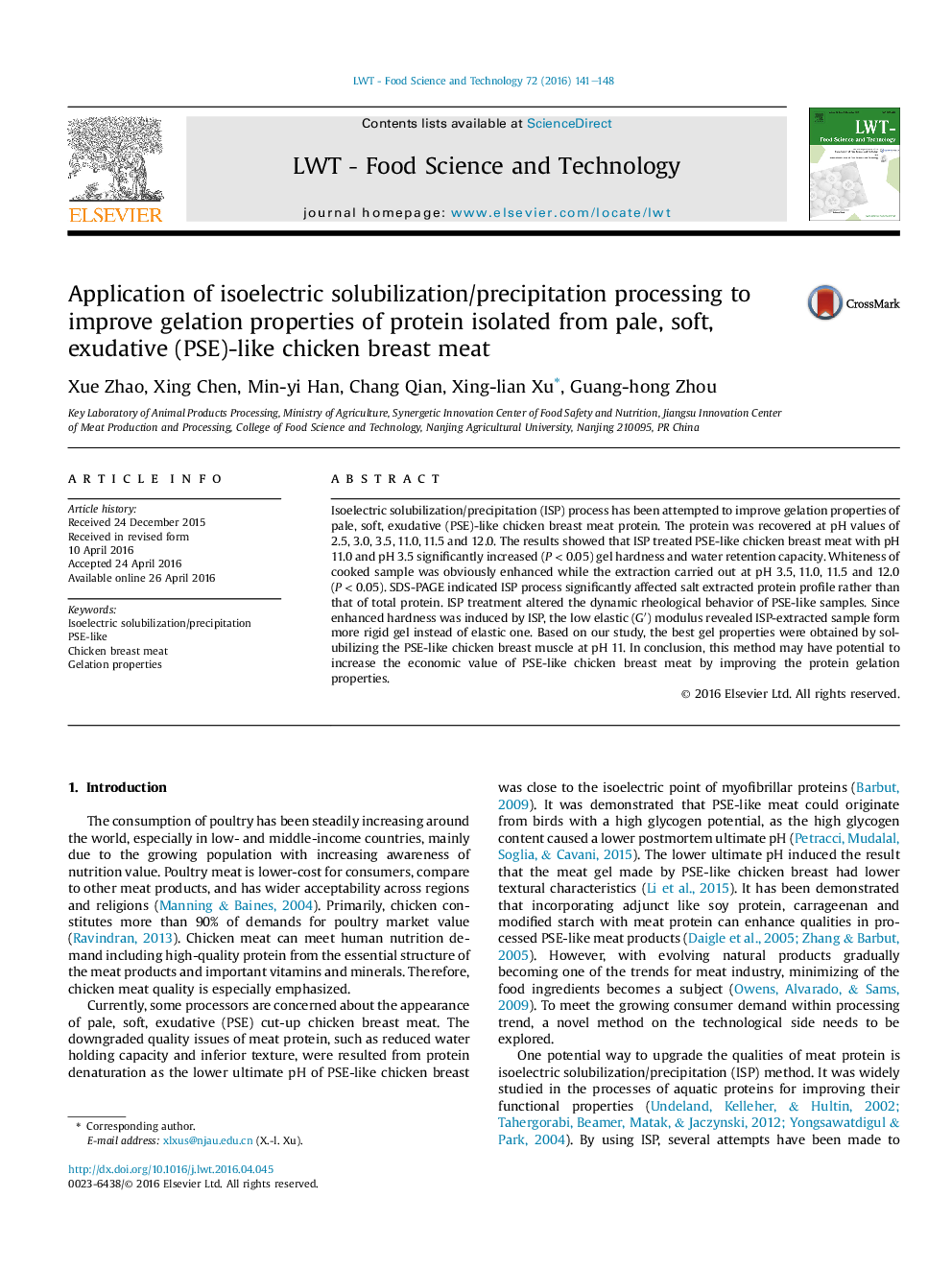 Application of isoelectric solubilization/precipitation processing to improve gelation properties of protein isolated from pale, soft, exudative (PSE)-like chicken breast meat