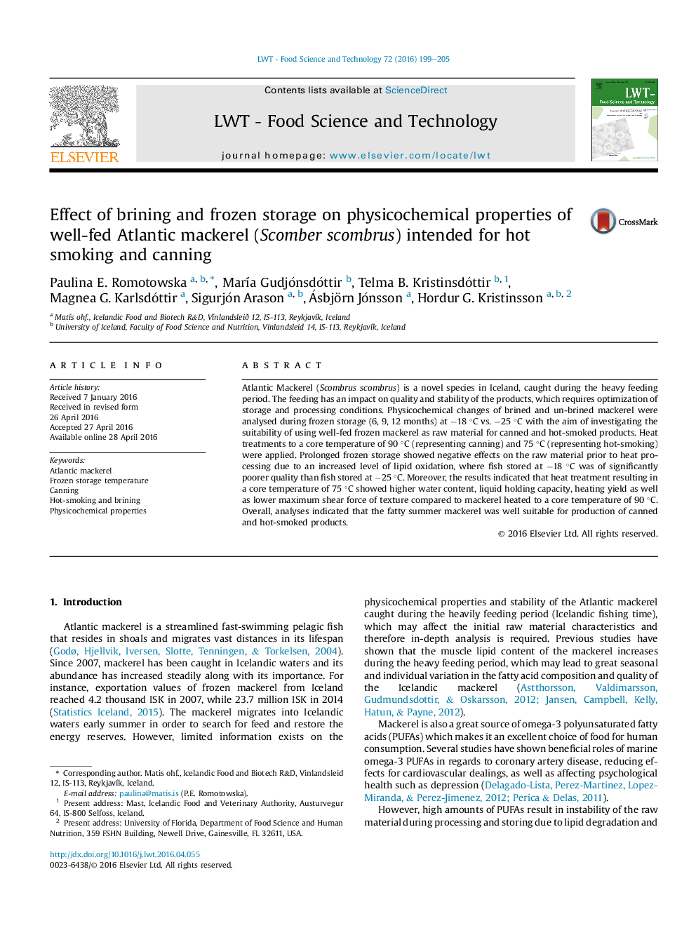 Effect of brining and frozen storage on physicochemical properties of well-fed Atlantic mackerel (Scomber scombrus) intended for hot smoking and canning